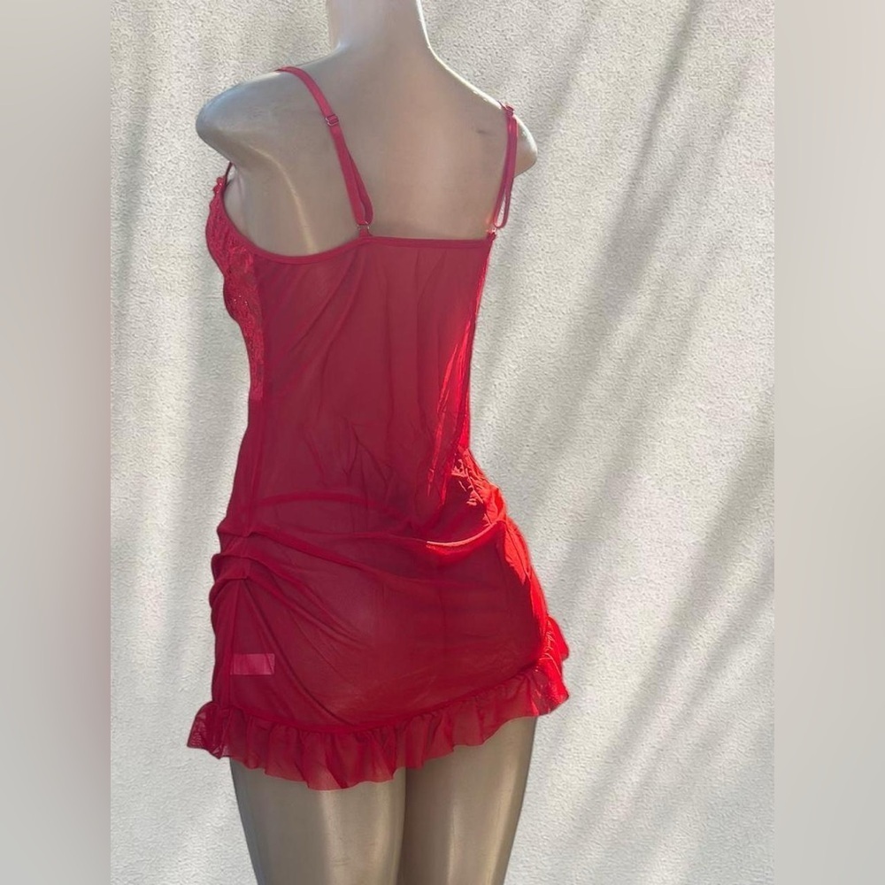 Red Lace Sheer Mini Dress ❤️ Ruffle Hem Slip / Lingerie Style - Picture 6 of 6